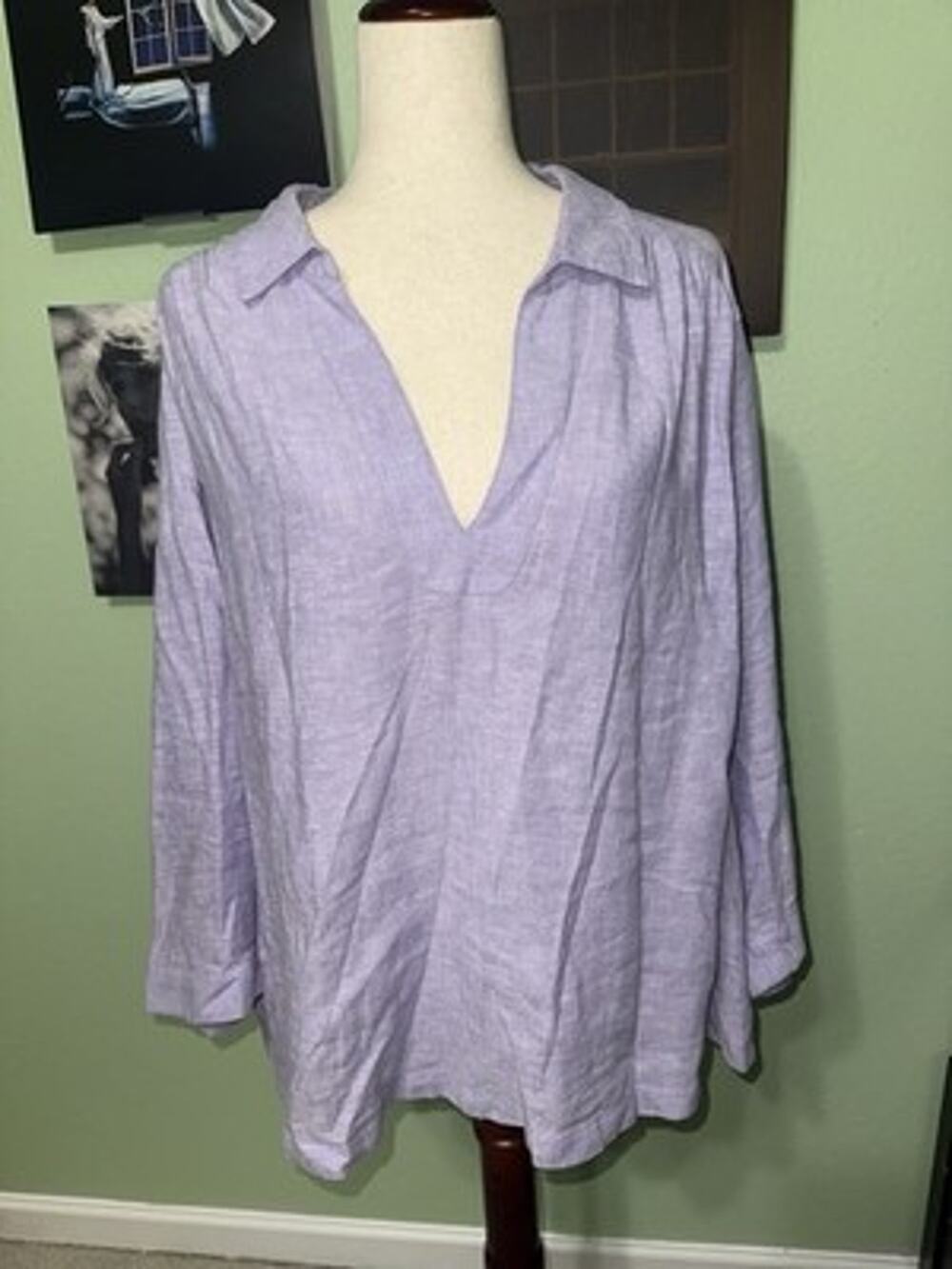 Sigrid Olsen Women 2X Purple Linen Tunic Top Deep V Neck Long Sleeve Lagenlook